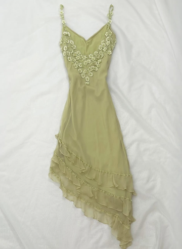 Bean Green Floral A Line Spaghetti Strap Beaded Layered Chiffon Homecoming Dress Party Dress HZ1023